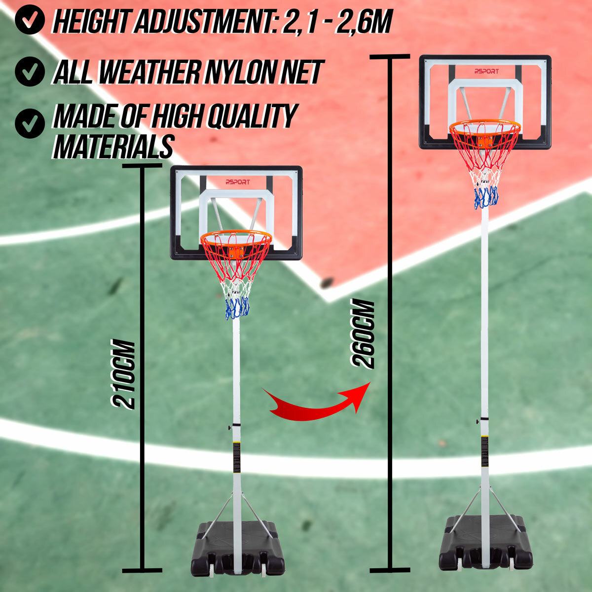 Basketball Hoop System Height Adjustable 7.5-10ft Portable Basketball Net  Stand | eBay